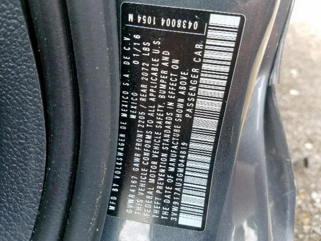 3VW917AU3GM044819 - 2016 VOLKSWAGEN GOLF BASE 灰色 照片 10