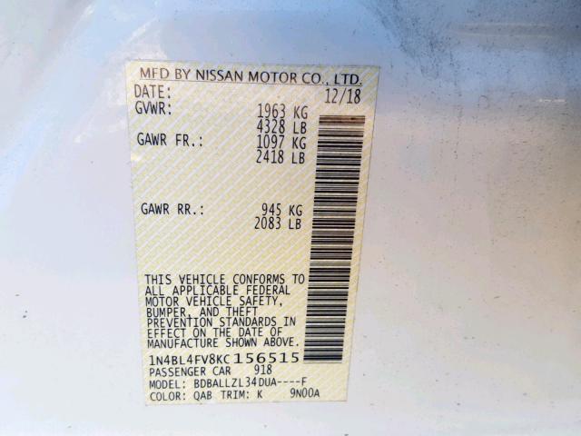 1N4BL4FV8KC156515 - 2019 NISSAN ALTIMA PLA WHITE photo 10