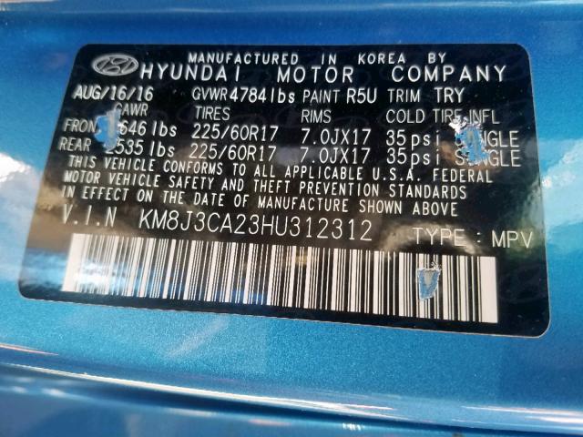 KM8J3CA23HU312312 - 2017 HYUNDAI TUCSON LIM BLUE photo 10