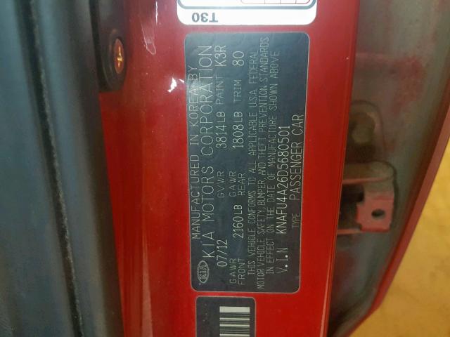 KNAFU4A26D5680501 - 2013 KIA FORTE EX RED photo 10