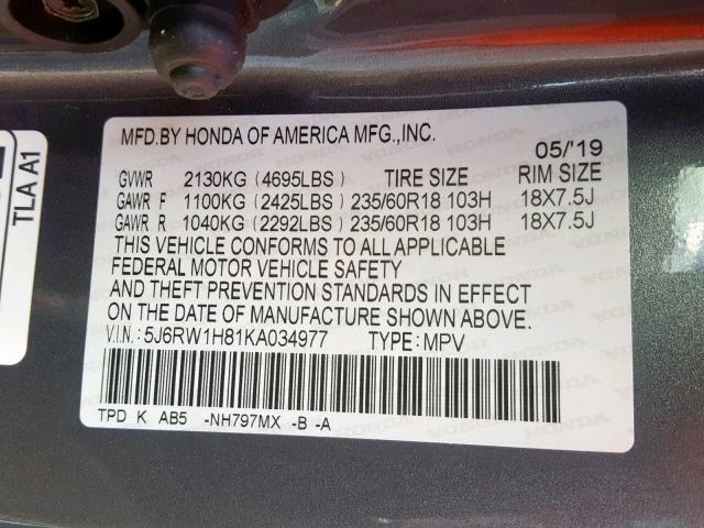 5J6RW1H81KA034977 - 2019 HONDA CR-V EXL GRAY photo 10