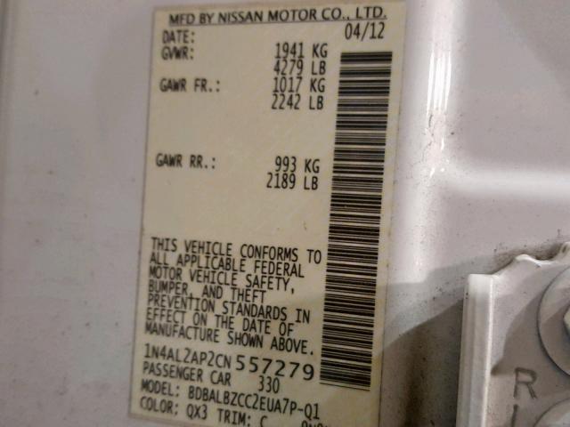 1N4AL2AP2CN557279 - 2012 NISSAN ALTIMA BAS WHITE photo 10