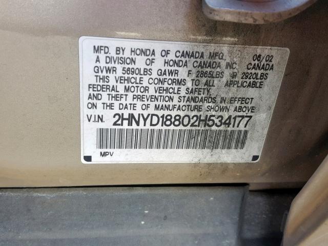 2HNYD18802H534177 - 2002 ACURA MDX TOURIN GOLD photo 10