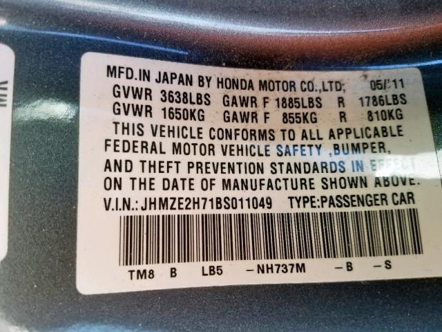 JHMZE2H71BS011049 - 2011 HONDA INSIGHT EX GRAY photo 10