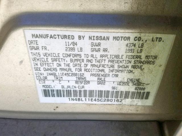 1N4BL11E45C280162 - 2005 NISSAN ALTIMA SE GOLD photo 10