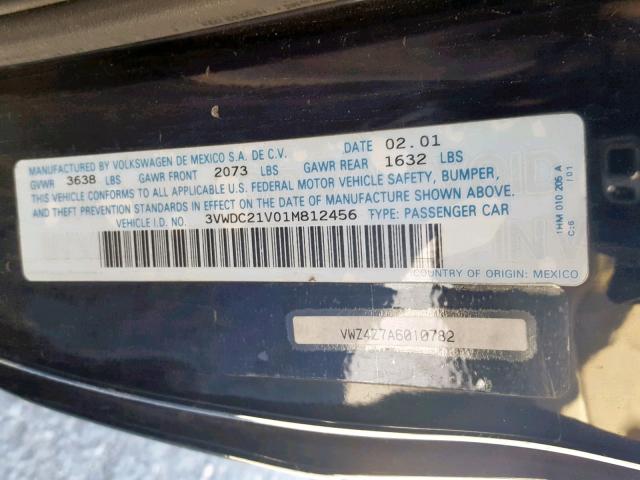 3VWDC21V01M812456 - 2001 VOLKSWAGEN CABRIO GLX შავი ფოტო 10