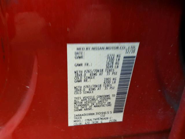 1N6BA0ED8BN309655 - 2011 NISSAN TITAN S RED photo 10