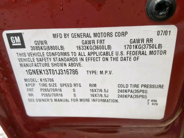 1GNEK13T01J316786 - 2001 CHEVROLET TAHOE K150 MAROON photo 10