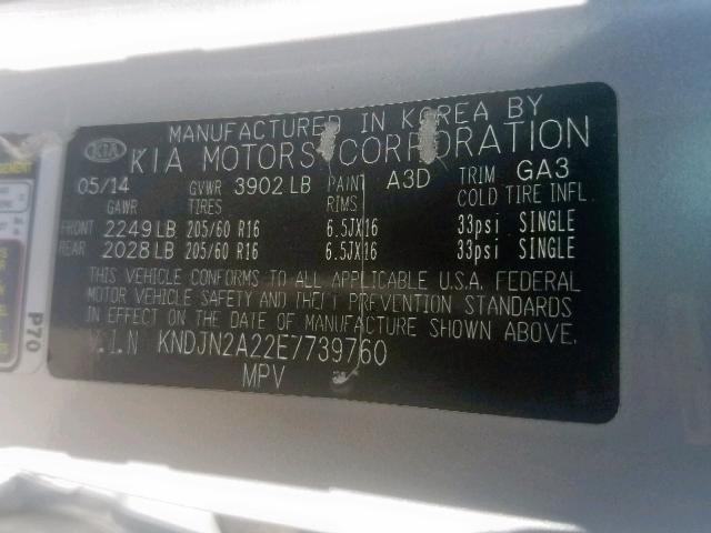 KNDJN2A22E7739760 - 2014 KIA SOUL SILVER photo 10