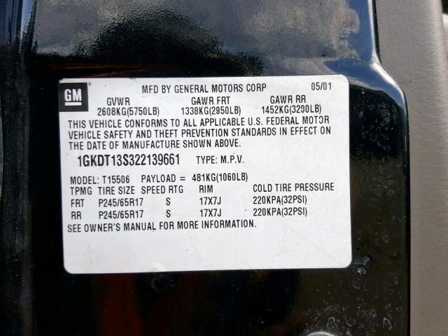 1GKDT13S322139661 - 2002 GMC ENVOY BLACK photo 10