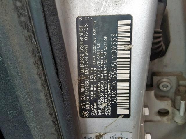 5UXFA13545LY09333 - 2005 BMW X5 3.0I GRAY photo 10