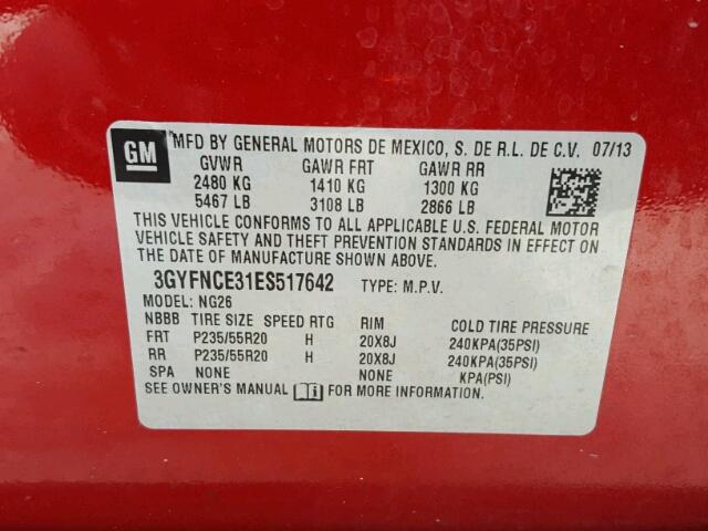 3GYFNCE31ES517642 - 2014 CADILLAC SRX PERFOR RED photo 10