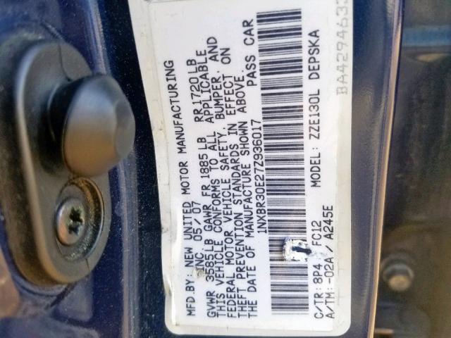 1NXBR30E27Z936017 - 2007 TOYOTA COROLLA CE BLUE photo 10