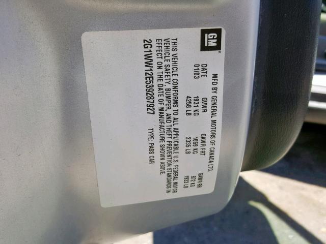 2G1WW12E539287927 - 2003 CHEVROLET MONTE CARL ვერცხლისფერი ფოტო 10