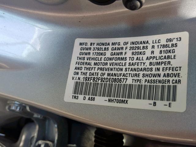 19XFB2F92DE080677 - 2013 HONDA CIVIC EXL 银色 照片 10