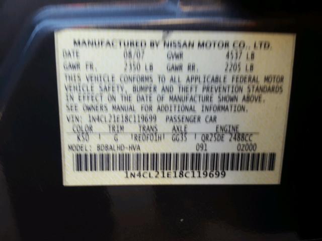 1N4CL21E18C119699 - 2008 NISSAN ALTIMA HYB GRAY photo 10