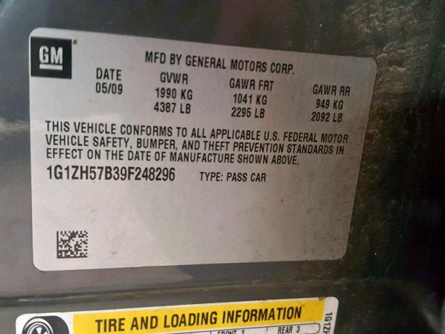 1G1ZH57B39F248296 - 2009 CHEVROLET MALIBU 1LT CHARCOAL photo 10