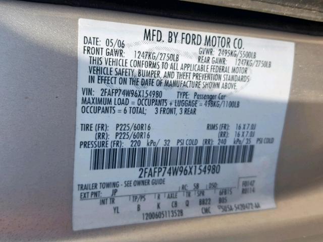 2FAFP74W96X154980 - 2006 FORD CROWN VICT GRAY photo 10