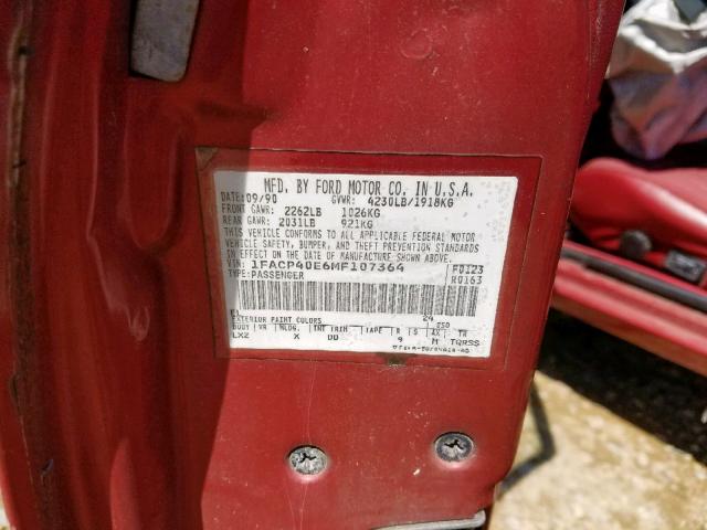 1FACP40E6MF107364 - 1991 FORD MUSTANG LX RED photo 10