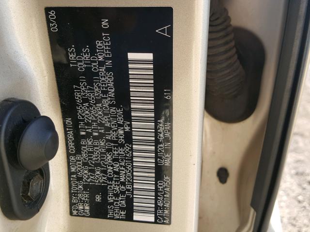 JTJBT20X560116292 - 2006 LEXUS GX 470 GOLD photo 10