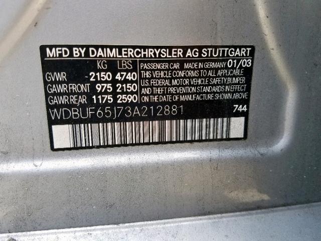 WDBUF65J73A212881 - 2003 MERCEDES-BENZ E 320 SILVER photo 10