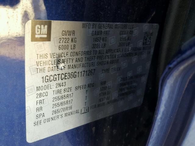 1GCGTCE36G1171267 - 2016 CHEVROLET COLORADO L BLUE photo 10