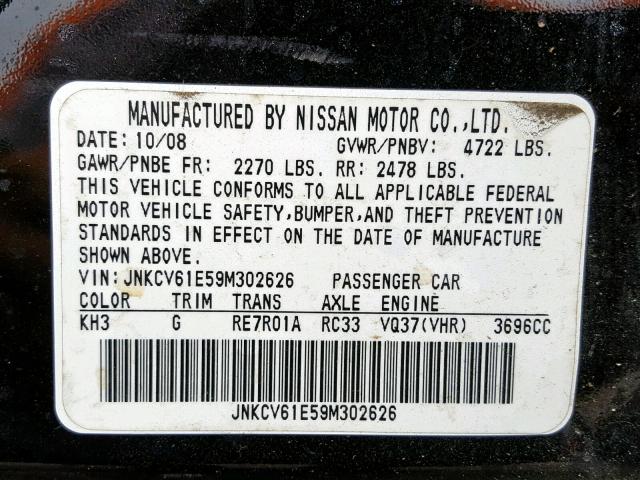 JNKCV61E59M302626 - 2009 INFINITI G37 BASE BLACK photo 10