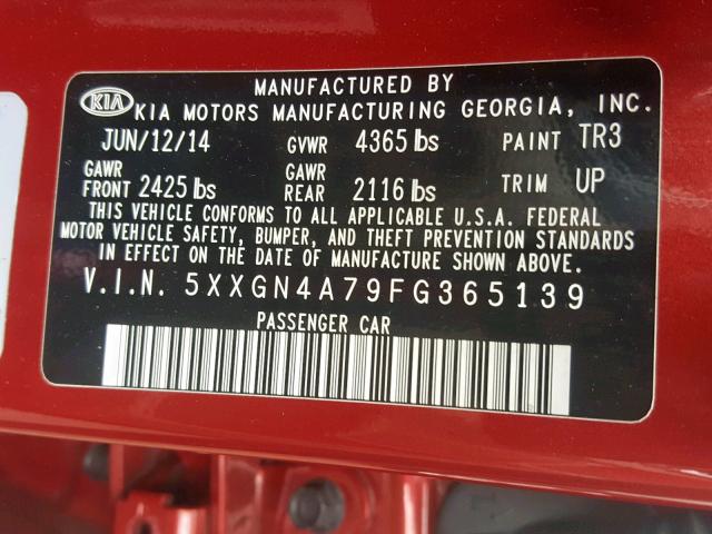 5XXGN4A79FG365139 - 2015 KIA OPTIMA EX RED photo 10