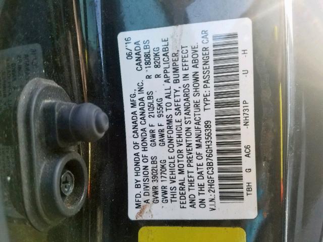 2HGFC3B76GH356389 - 2016 HONDA CIVIC EXL 黑色 照片 10