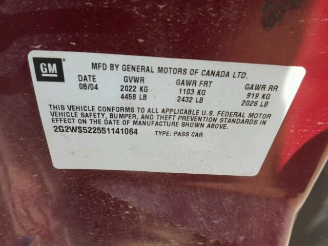 2G2WS522551141064 - 2005 PONTIAC GRAND PRIX MAROON photo 10