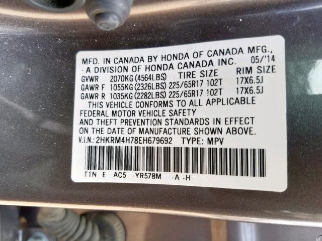 2HKRM4H78EH679692 - 2014 HONDA CR-V EXL SILVER photo 10