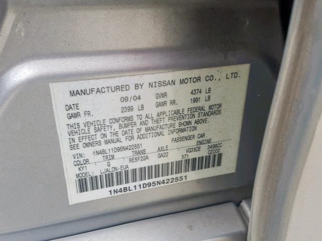 1N4BL11D95N422551 - 2005 NISSAN ALTIMA SE SILVER photo 10