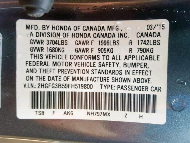 2HGFG3B59FH519800 - 2015 HONDA CIVIC LX GRAY photo 10