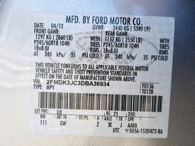 2FMDK3JC3DBA36934 - 2013 FORD EDGE SEL SILVER photo 10