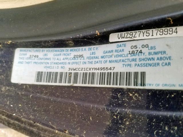 3VWCC21CXYM495547 - 2000 VOLKSWAGEN NEW BEETLE ლურჯი ფოტო 10