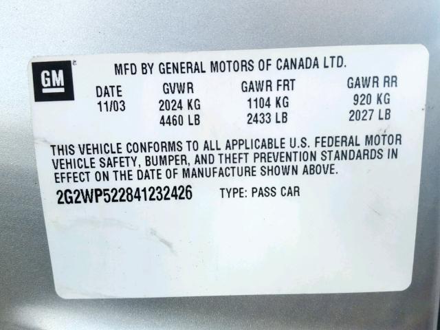 2G2WP522841232426 - 2004 PONTIAC GRAND PRIX SILVER photo 10