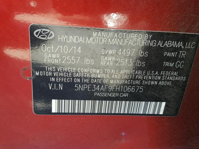 5NPE34AF9FH106675 - 2015 HYUNDAI SONATA SPO RED photo 10