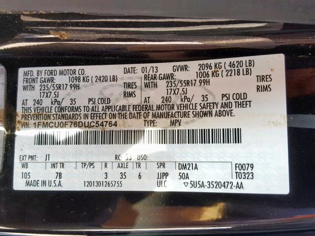 1FMCU0F76DUC54764 - 2013 FORD ESCAPE S BLACK photo 10