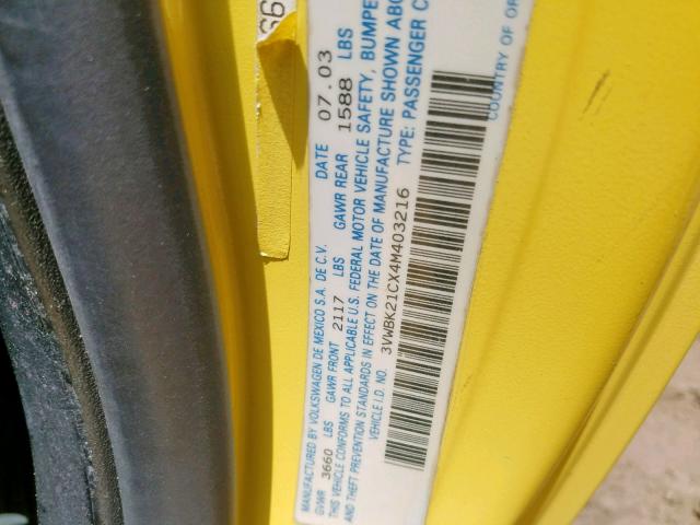 3VWBK21CX4M403216 - 2004 VOLKSWAGEN NEW BEETLE ყვითელი ფოტო 10