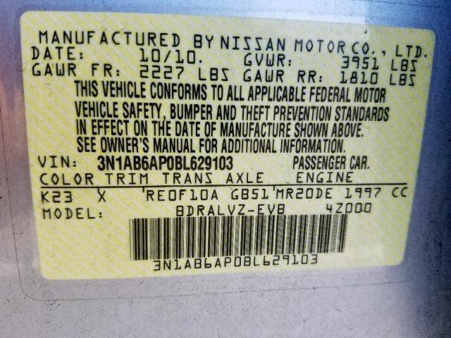 3N1AB6AP0BL629103 - 2011 NISSAN SENTRA 2.0 SILVER photo 10