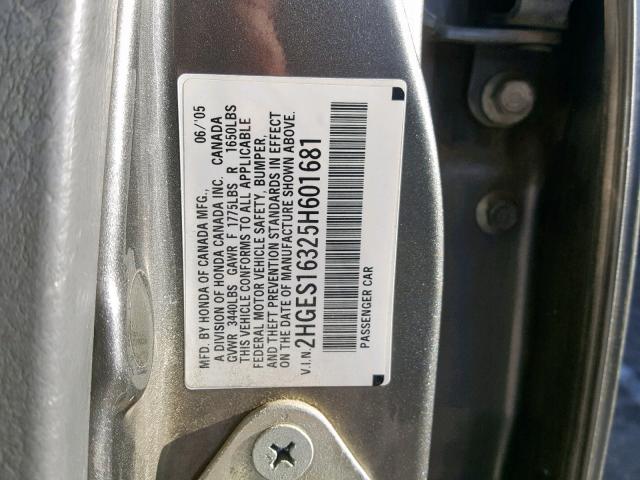 2HGES16325H601681 - 2005 HONDA CIVIC DX V GRAY photo 10