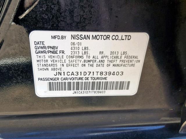 JN1CA31D71T839403 - 2001 NISSAN MAXIMA GXE BLACK photo 10