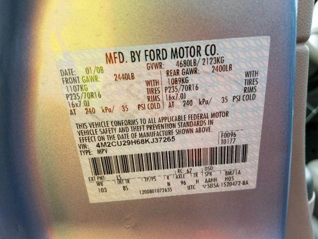 4M2CU29H68KJ37265 - 2008 MERCURY MARINER HE BLUE photo 10