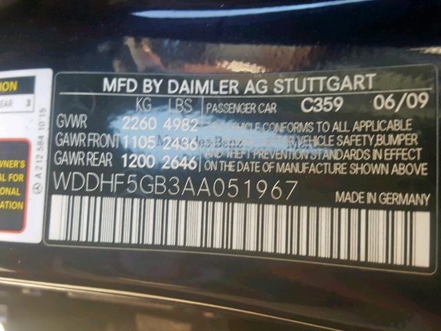 WDDHF5GB3AA051967 - 2010 MERCEDES-BENZ E 350 BLUE photo 10