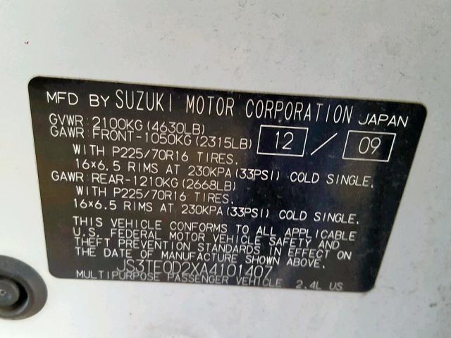 JS3TE0D2XA4101407 - 2010 SUZUKI GRAND VITA WHITE photo 10