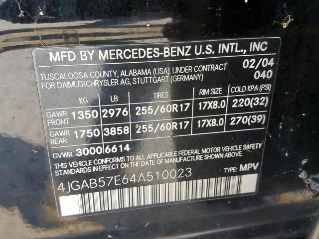 4JGAB57E64A510023 - 2004 MERCEDES-BENZ ML 350 BLACK photo 10