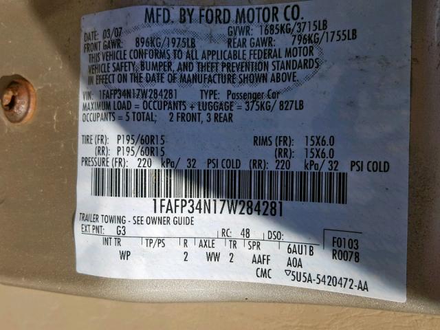 1FAFP34N17W284281 - 2007 FORD FOCUS ZX4 GOLD photo 10