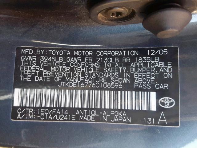 JTKDE167760108596 - 2006 TOYOTA SCION TC ნაცრისფერი ფოტო 10