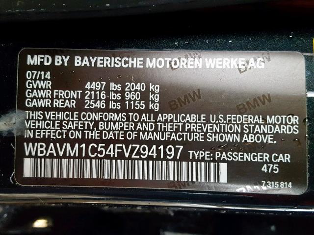 WBAVM1C54FVZ94197 - 2015 BMW X1 SDRIVE2 BLACK photo 10