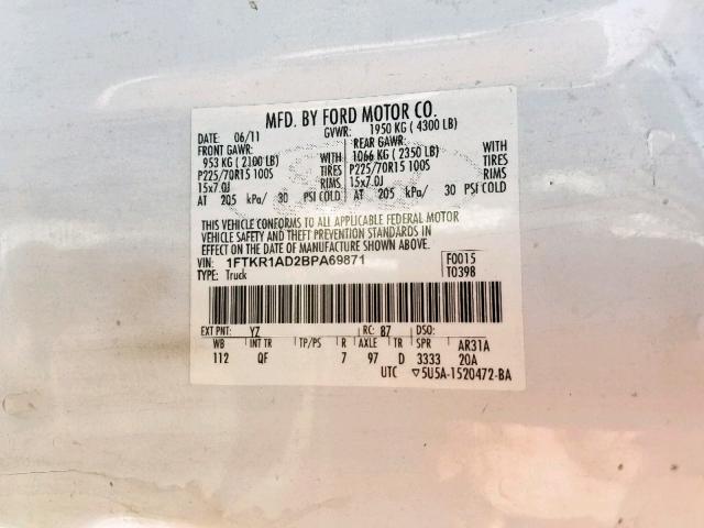 1FTKR1AD2BPA69871 - 2011 FORD RANGER WHITE photo 10